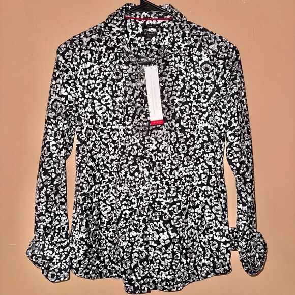 Talbots Petite Women's Black Floral Print Long Sleeve Button Down Shirt 2 NWT - Picture 1 of 9
